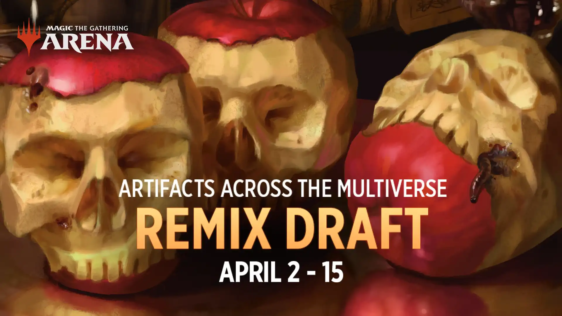 Apples carved to look like skulls with the text, Artifacts across the Multiverse, Remix Draft, April 2–15